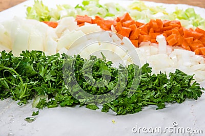 Preparation for soup with carrots, onions and celery Stock Photo