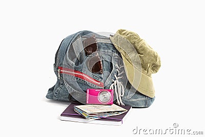 Preparation for travel, hand bag, note book, road map,camera ,hat and sunglass on isolate Stock Photo