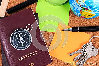 Preparation for travel. Set of trip stuff. Stock Photo