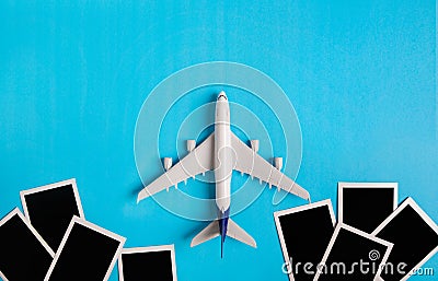 Preparation for Traveling concept, Airplane with Photo frame. Stock Photo