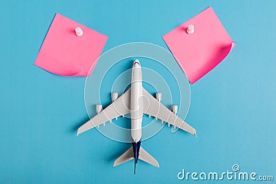 Preparation for Traveling concept, paper noted, airplane, push pin. Stock Photo