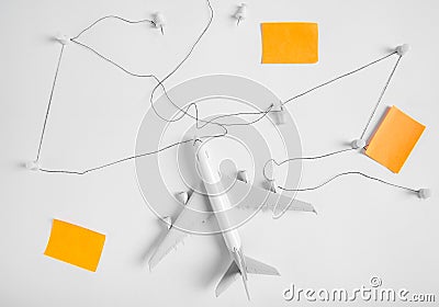 Preparation for Traveling concept, push pin, string, paper noted. Stock Photo