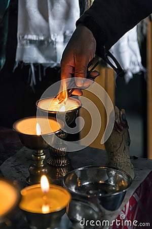 Preparations for morning prayer in Korzok monastery in Ladakh, India Stock Photo
