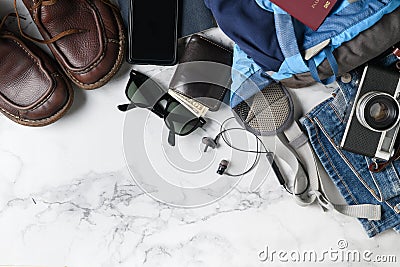 Prepare backpack accessories and travel items Stock Photo