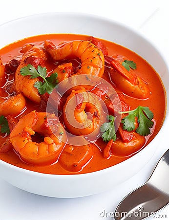 Fiery Temptation: Close-Up of Spicy Shrimp Curry on a White Background. AI Generated Stock Photo