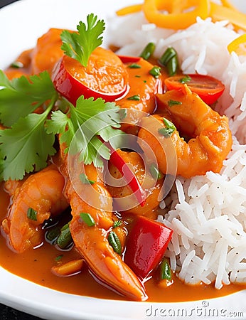 Fiery Temptation: Close-Up of Spicy Shrimp Curry on a White Background. AI Generated Stock Photo