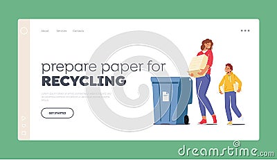 Prepare Paper for Recycling Landing Page Template. Mother and Son Throw Garbage into Containers for Collecting Litter Vector Illustration