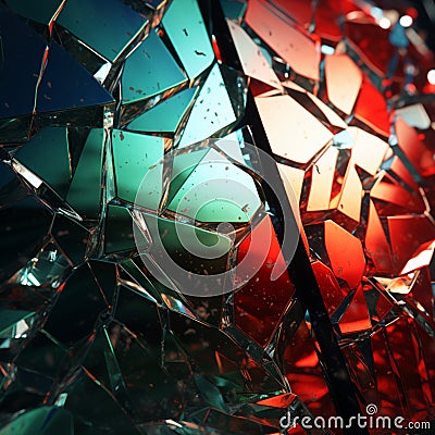 A CGI red and green shattered glass in stunning hyper-realistic detail. Stock Photo