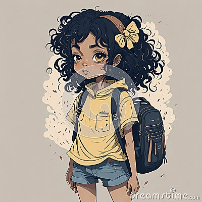 Curly-Silky Charmer: Detailed Cartoon Illustration of an Adorable Tan Girl with a Backpack Cartoon Illustration