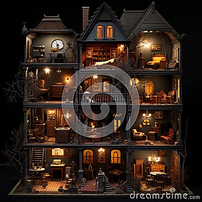 Eerie Dollhouse at Halloween-Themed Party Stock Photo