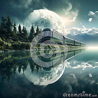 Train through a surreal and dreamlike landscape reflecting on calm water Stock Photo