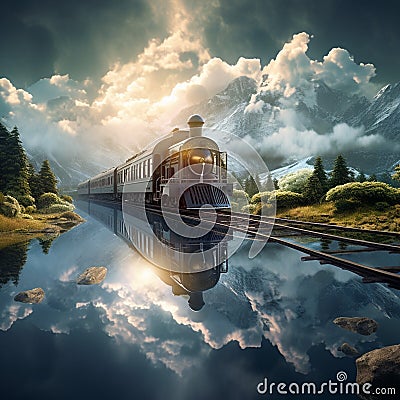 Train through a surreal and dreamlike landscape reflecting on calm water Stock Photo