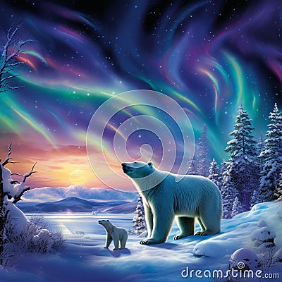 Majestic display of nature's beauty with polar bears and penguins beneath the Arctic Aurora Stock Photo