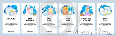 Prepare to be mother icons set. Baby diapers, powder, soap, baby pot. Food blender. Mobile app screens. Vector banner Vector Illustration