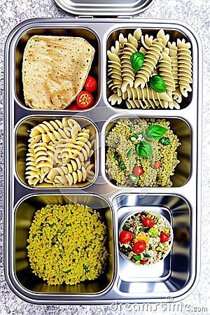 Prepared diet Lunches in lunch boxes: pasta, parmesan, lettuce, cherry tomatoes with basil. Stock Photo