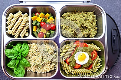 Prepared diet Lunches in lunch boxes: pasta, parmesan, lettuce, cherry tomatoes with basil. Stock Photo