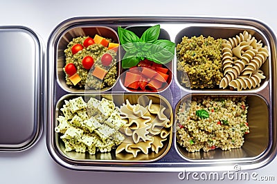 Prepared diet Lunches in lunch boxes: pasta, parmesan, lettuce, cherry tomatoes with basil. Stock Photo