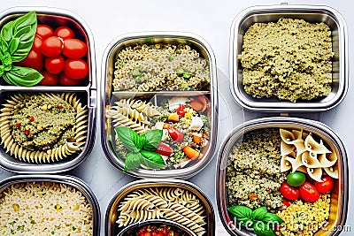 Prepared diet Lunches in lunch boxes: pasta, parmesan, lettuce, cherry tomatoes with basil. Stock Photo