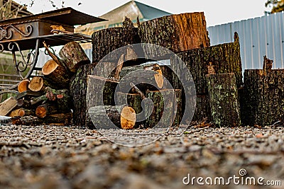 Prepared firewood for the grill and stove. Sawn down thick and thin tree trunks, wet and wet logs, stacked on rubble Stock Photo