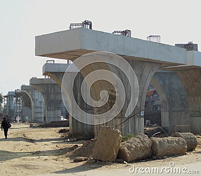 Prepared Pillars for Construction of railway line over bridge at Gurugram Najafgarh Road Delhi NCR India 7 December 2017 with unid Editorial Stock Photo