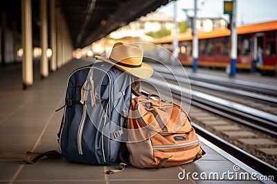 Prepared traveler backpack, hat, map, sunglasses, earphones, smartphone at the train station Stock Photo
