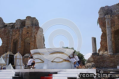 Preparing of ancient Greek theater of Taormina for Aida Performance. Editorial Stock Photo