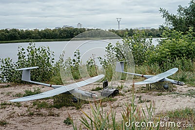 Preparing the army drones for the mission. Reconnaissance aircra Stock Photo