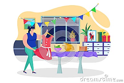 Preparing birthday celebration at home, vector illustration. Woman decorate room for party, holiday event. Character Vector Illustration