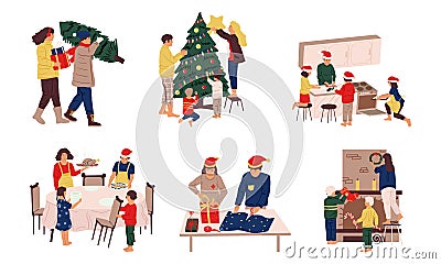 Preparing Christmas. People celebrating winter holidays. Decorating with garlands fir tree and fireplace. Packing Xmas Vector Illustration