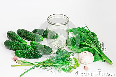 Preparing cucumbers for pickling. Glass jar, cucumber, garlic and dill, horseradish, bay leaf. Canning recipe. Selective focus Stock Photo