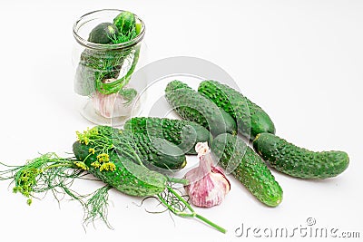 Preparing cucumbers for pickling. Glass jar, cucumber, garlic and dill, horseradish, bay leaf. Selective focus Stock Photo
