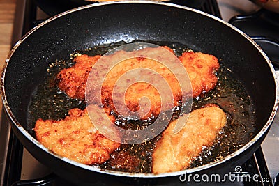 Preparing czech chicken schnitzel Stock Photo