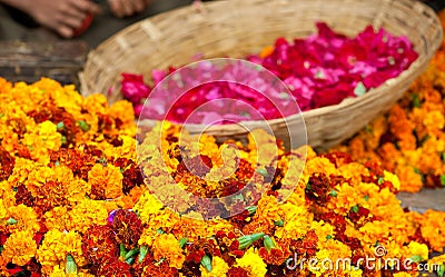 Preparing flowers garlands Stock Photo