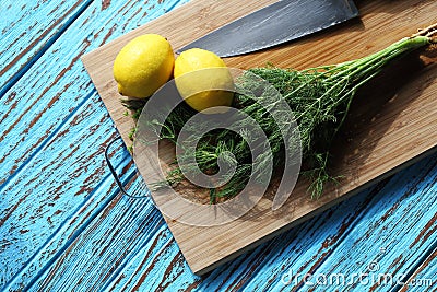 Preparing food for sauce salad by ingredient is lemon and coriander on wood block Stock Photo