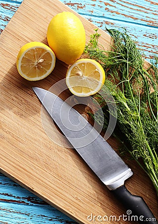 Preparing food for sauce salad by ingredient is lemon and coriander on wood block Stock Photo