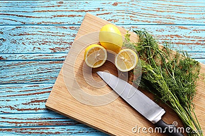 Preparing food for sauce salad by ingredient is lemon and coriander on wood block Stock Photo