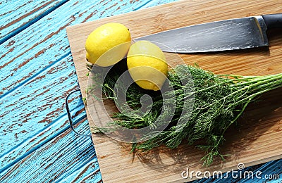 Preparing food for sauce salad by ingredient is lemon and coriander on wood block Stock Photo