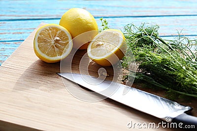 Preparing food for sauce salad by ingredient is lemon and coriander on wood block Stock Photo