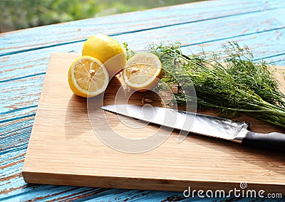 Preparing food for sauce salad by ingredient is lemon and coriander on wood block Stock Photo