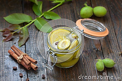 Preparing green walnut liquor Stock Photo