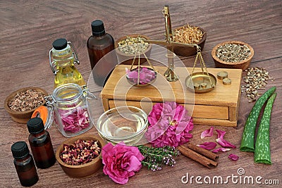 Preparing Herbs and Flowers for Skin Care Treatment Stock Photo
