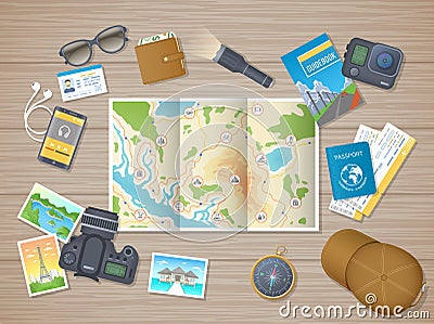 Preparing for hiking tour, vacation, travel. Planning, packing check list. Wooden table with tourist map, guidebook, tickets Vector Illustration