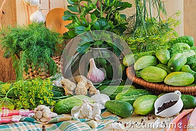 Preparing pickling cucumbers various components Stock Photo