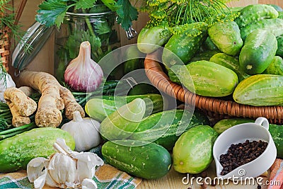Preparing pickling cucumbers various components Stock Photo