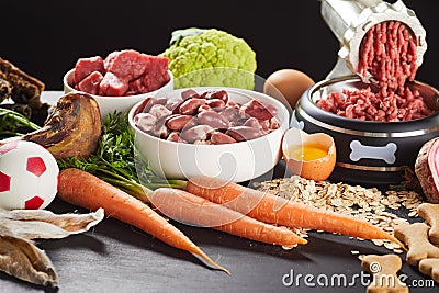 Preparing raw barf food for a pet dog or cat Stock Photo