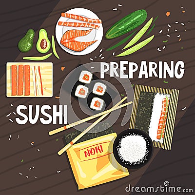Preparing Sushi Ingredients And Technique Vector Illustration