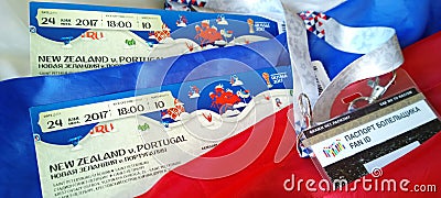 Preparing to enter the matches of the confederations Cup in 2017 and World Cup 2018 in Russia. Fan set - tickets and id-card Editorial Stock Photo