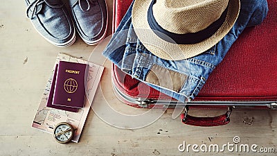 Preparing travel suitcase high angle view Stock Photo