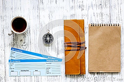 Preparing for trip. Tickets, compass, bank card on wooden table background top view mockup copyspace Stock Photo