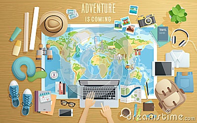 Preparing for the trip, Travel accessorieson wooden background. Vector Illustration